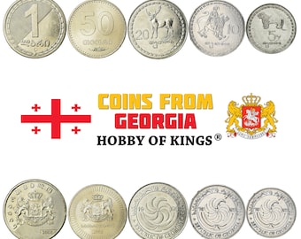 Gerogian 5 Mixed Coins | Sakartvelo | 5 Tetri - 1 Lari | Borjgali | Deer | Saint Mamai riding a Lion | Peacock