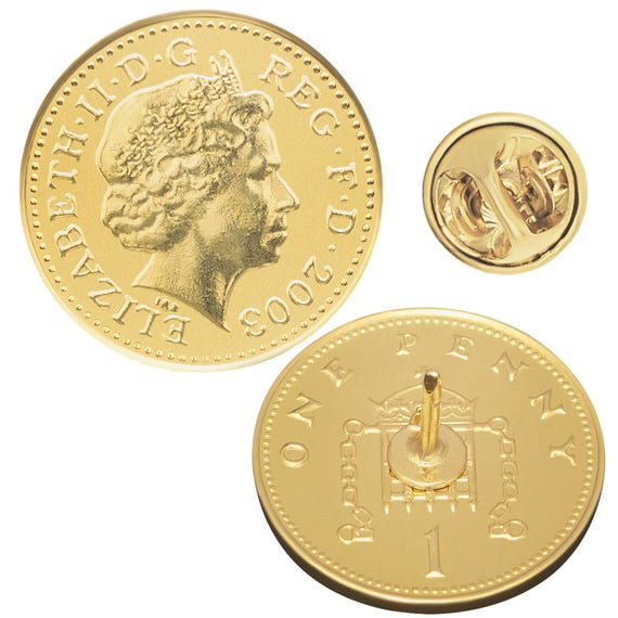 United Kingdom Coin Pin Brooch Badge | Butterfly Clutch Fastener | Vintage Collectible Jewelry | One 1 Penny | Queen Elizabeth II