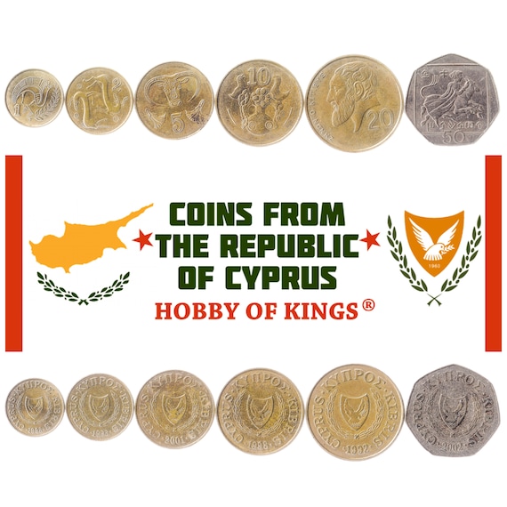 6 Coins from Cyprus. Money Set: 1, 2, 5, 10, 20, 50 Cents. Old Collectible Cypriot Currency