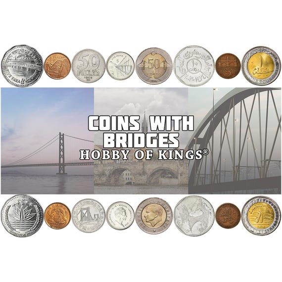 8 Coin Set | Coins with Bridges | Featuring Elisabeth, Charles, Bosphorus, Jamuna, and Shaharah Bridge | Gift for Architects and Engineers