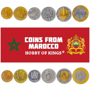 Set of 6 Coins from Morocco: 10, 20 Santimat, 1/2, 1, 5, 10 Dirham. Old Collectible Moroccan Money. Foreign Currency from Africa