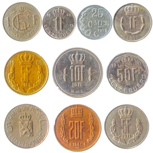 10 pièces différentes du Luxembourg. Ancienne monnaie du Letzebuerg : centimes, francs. Monnaie étrangère 1964-1999