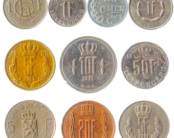10 monedas diferentes de Luxemburgo. Dinero antiguo de Letzebuerg: céntimos, francos. Moneda Extranjera 1964-1999