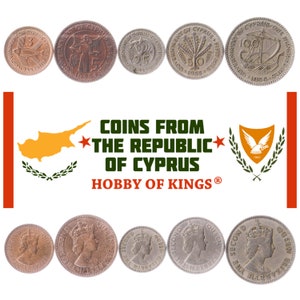 5 Coins from Cyprus. Money Set: 3, 5, 25, 50, 100 Mils. Old Collectible Cypriot Currency 1955-1957