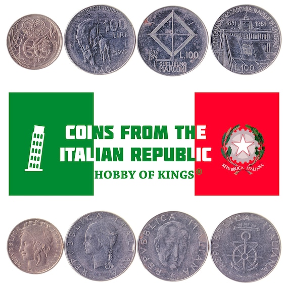 Italian 4 Coin Set 100 Lire | Wheat Sprig | Cow | Guglielmo Marconi | Ceres | Calf | Italy Navy Flag | Anchor | 1974 - 1995
