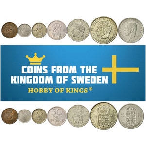 Swedish 7 Coin Set 5 10 25 50 Öre 1 2 5 Kronor | Carl XVI Gustaf | Three Crowns | Sweden | 1962 - 1973