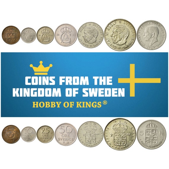 Swedish 7 Coin Set 5 10 25 50 Öre 1 2 5 Kronor | Carl XVI Gustaf | Three Crowns | Sweden | 1962 - 1973