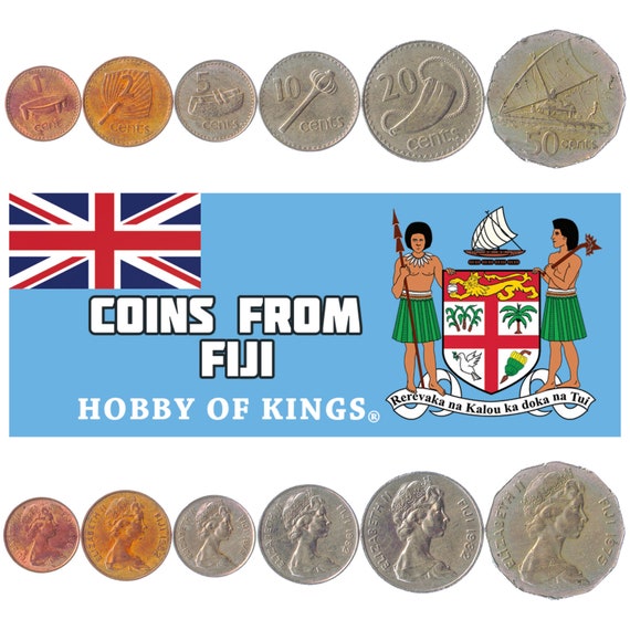 Fijian 6 Coin Set 1 2 5 10 20 50 Cents | Rice plant | Queen Elizabeth II | Polynesian boat | Fijian drum | Throwing club | 1969 - 1985