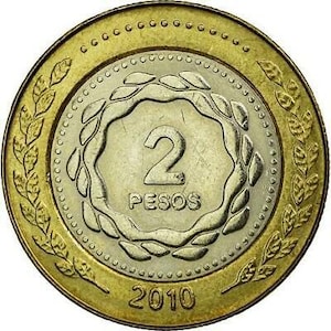 Argentina 2 Pesos / Rivoluzione di Maggio / Bicentenario Logo Moneta KM165 2010 - 2016