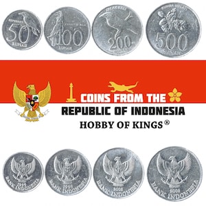 4 Monete dall'Indonesia / Set di Denaro 50 100 200 500 Rupia / Valuta Indonesiana / Bali Mynah / Cacatua di Palma Nera / Oriole dal pelo nero