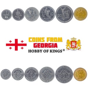 Set of 6 Coins from Georgia. 1, 2, 5, 10, 20, 50 Tetri. Old Collectible Abkhazian Money, Sakartvelo Currency 1993