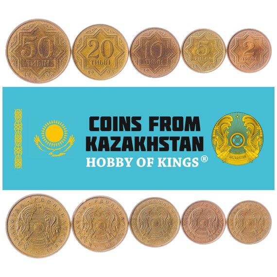 Set of 5 coins from Kazakhstan. 2, 5, 10, 20, 50 Tiyn. Old Collectible Money. 1993