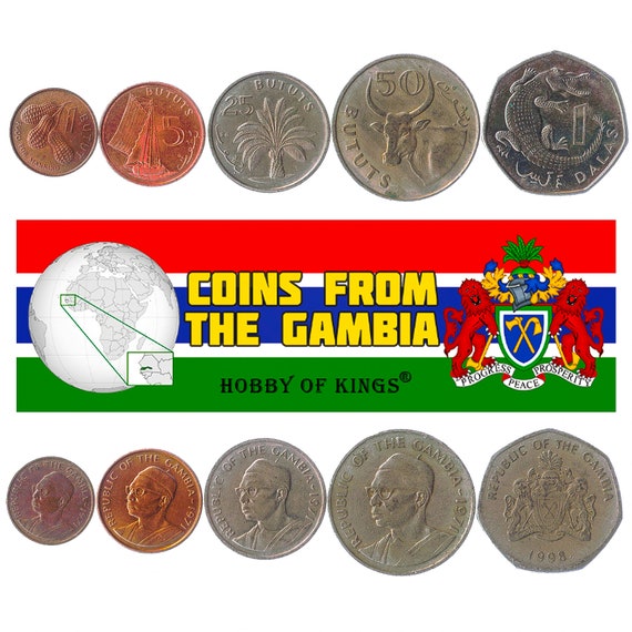 5 Gambian Coins | Money from Africa | Mixed Old Collectible Foreign Currency from Gambia 1 Butut - 1 Dalasi