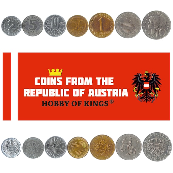Set of 7 Coins from Austria. 2, 5, 10, 50 Groschen, 1, 5, 10 Schillings. Old Collectible Austrian Money, Currency 1948-2001