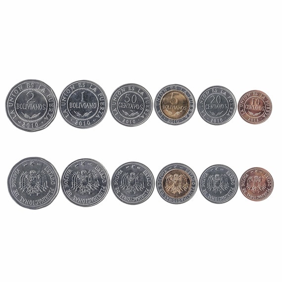 6 Coins From Bolivia. UNC 10 Centavos - 5 Bolivianos. Old Currency From South America