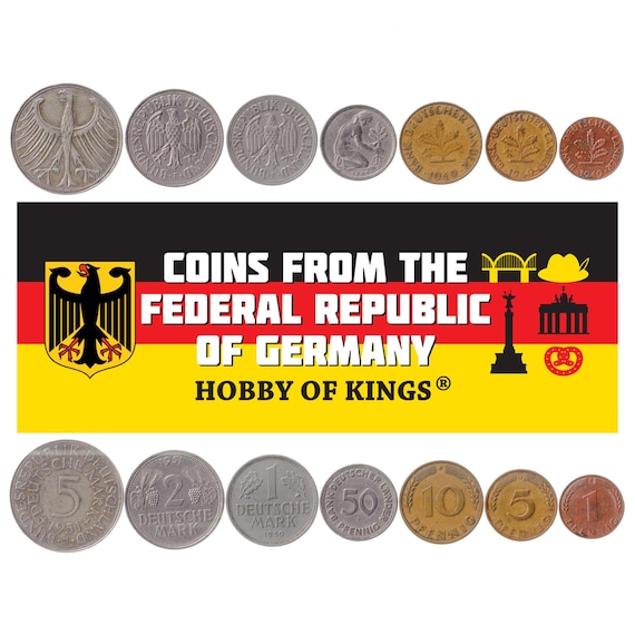 German 7 Coin Set 1 5 10 50 Pfennig 1 2 5 Deutsche Mark | Eagle | Germany | 1948 - 1951