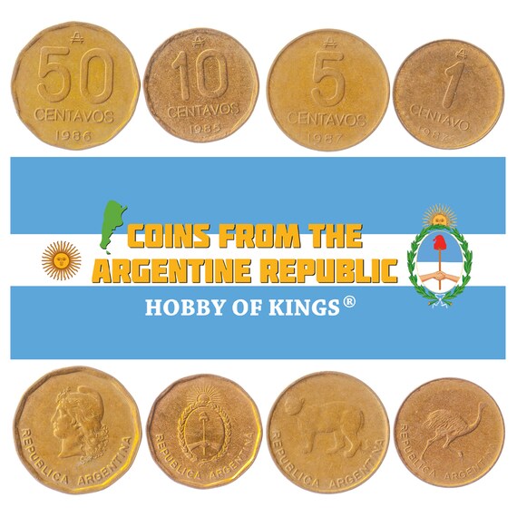 Argentine 5 Coin Set 1/2 1 5 10 50 Centavos | Argentina Currency | Puma | Rufous Hornero | Casa de Tucuman | Greater Rhea | 1985 - 1988