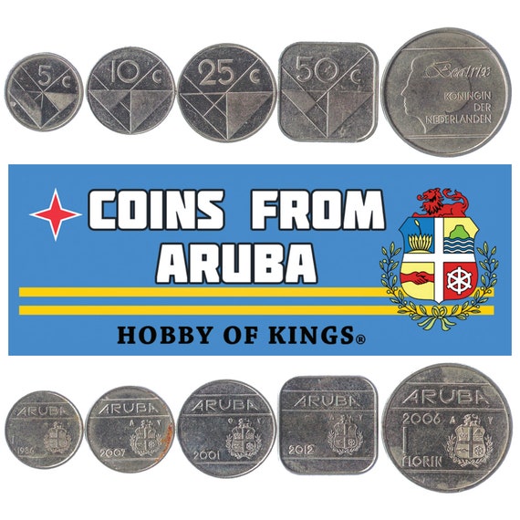Set of 5 Coins from Aruba: 5, 10, 25, 50 Cents, 1 Florin. Old Collectible Aruban Money. Foreign Caribbean Currency since 1986