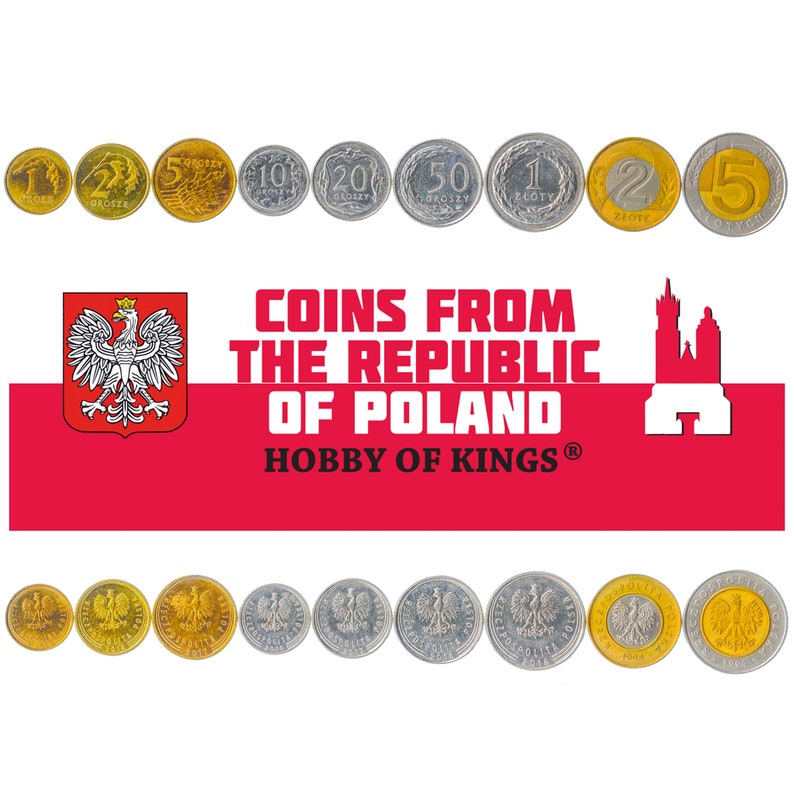 10 2 Set of 9 Coins from Poland: 1 Old Polish Money Collection 2 50 Groszy 5 1 20 Collectible European Currency 5 Zlotych