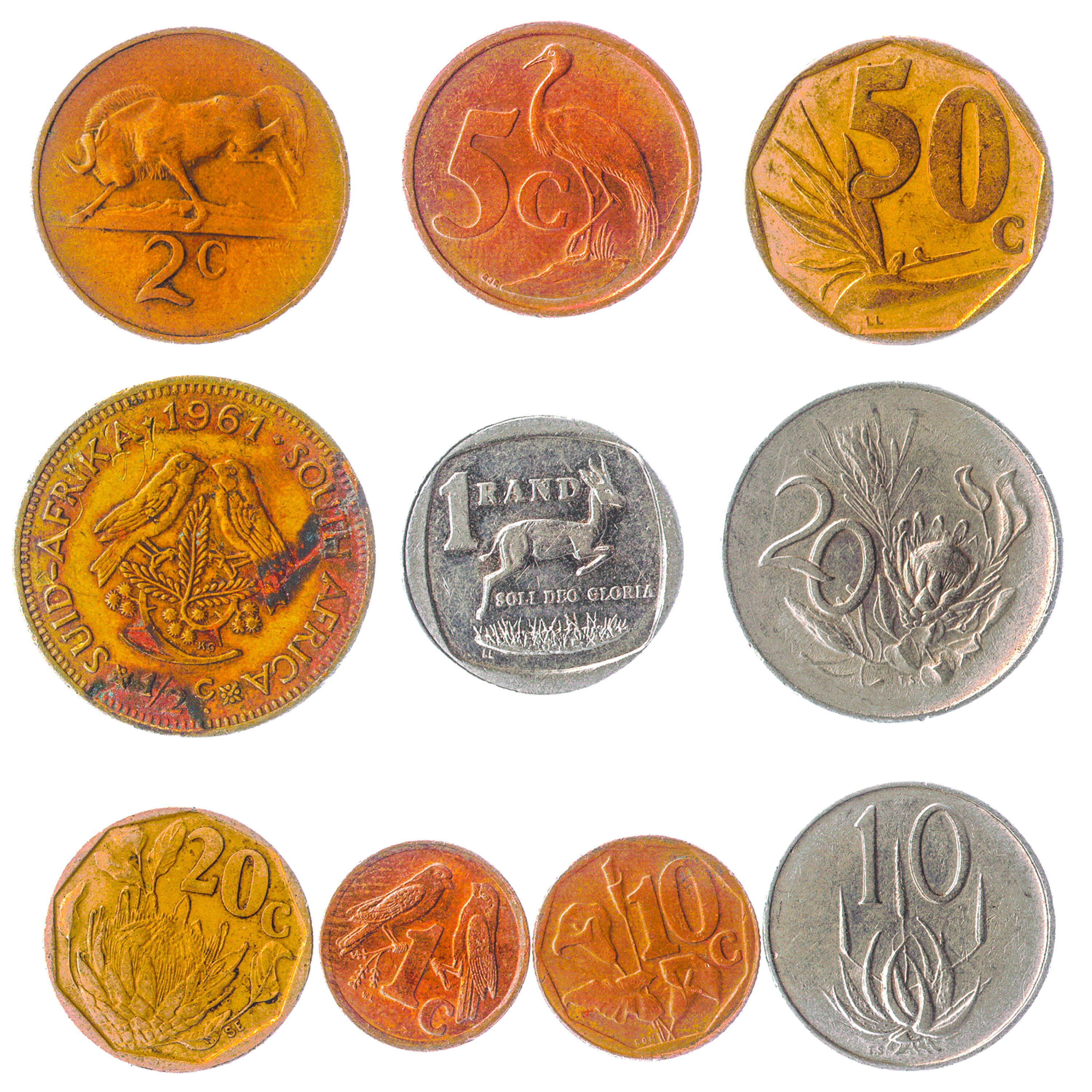 10 South African Coins Cents Rands RSA Unique Currency Old 