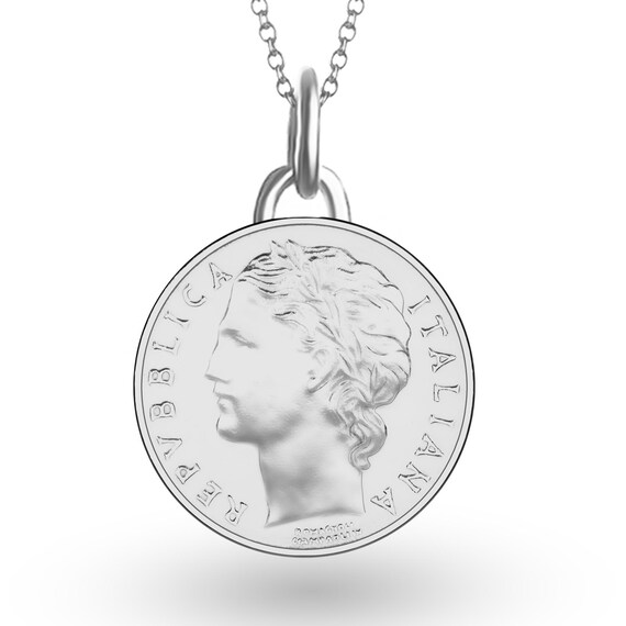 Italian 100 Lire Coin Medallion Pendant | Necklace| Minerva | Lucky Pendant | Silver Rhodium Plated Italy Coin | 1990 - 1992 |