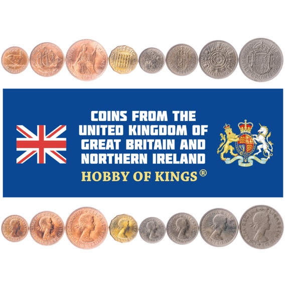 British 8 Coin Set 1 Farthing 1/2 1 3 6 Pence 1 2 Shillings 1/2 Crown | Eurasian Wren | Portcullis | United Kingdom | 1954 - 1970