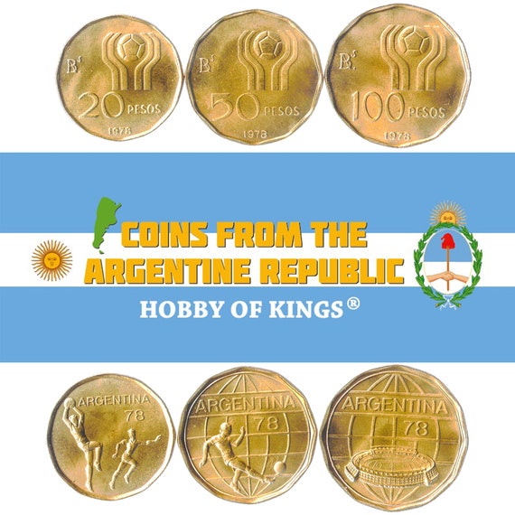 Argentine 3 Coin Set 20 50 100 Pesos | Globe Stadium | Soccer Players | 1978 FIFA World Cup | Soccer Ball | 1977 - 1978