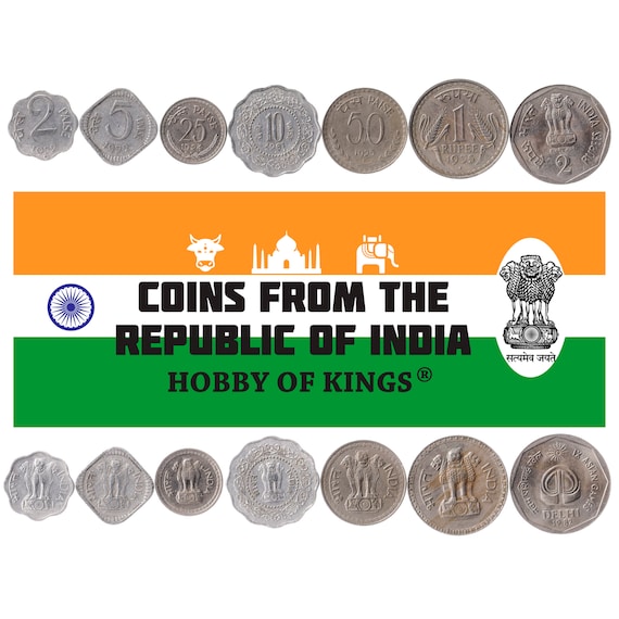 Set 7 Coins India 2 5 10 25 50 Paise 1 2 Rupees Indian Money Lion Capital of Ashoka Corn Stalks Lion Capital of Ashoka 1971 - 1984