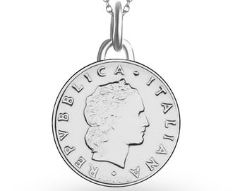 Collier pièce de 50 lires italiennes : pendentif porte-bonheur en argent rhodié (1990-1995)