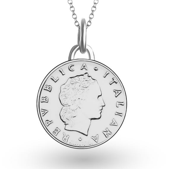 Genuine Italian 50 Lire Coin Medallion Necklace | Lucky Pendant | Silver Rhodium Plated Lucky Coin | 1991 - 1995 |