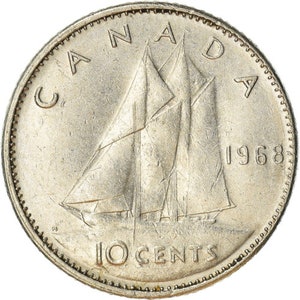 Canadian Coin Canada 10 Cents | Queen Elizabeth II | Bluenose Racing Ship | 1968