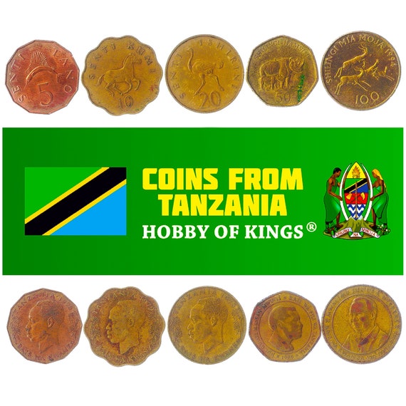 5 Tanzanian (Zanzibari) Coins. Different Old Collectible Money from Africa. Foreign Currency from Tanzania