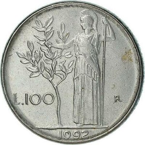 Italie 100 lires | Déesse Minerve | Longue lance | Olivier | 1990 - 1992