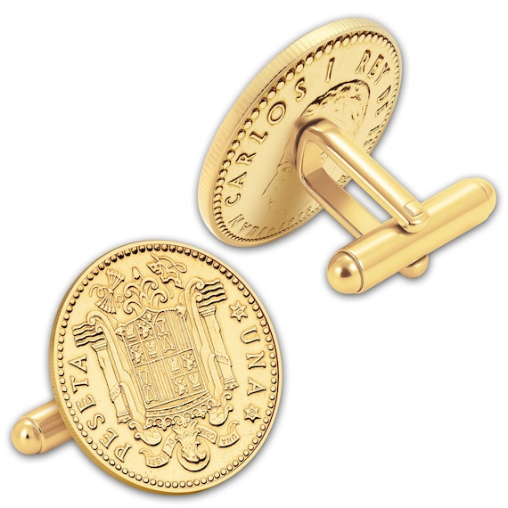 Gold plated Cufflinks with Genuine Spanish 1 Peseta Coins | Juan Carlos I | Coin Links | Spain Cuffs fasteners | Dress shirt fasteners