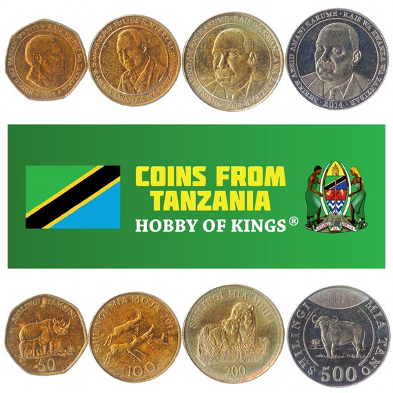 Set of 4 Coins from Tanzania: 50, 100, 200, 500 Shillingi. Collectible African Currency, Old Tanzanian Money Collection Since 1993