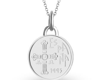Collier pièce de 5 pesetas espagnoles : pendentif porte-bonheur en plaqué argent rhodié