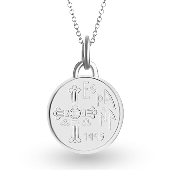 Genuine Spanish 5 Pesetas Coin Medallion Necklace | Lucky Pendant | Rhodium Silver Plated Coin | Cross of Victory | 1995