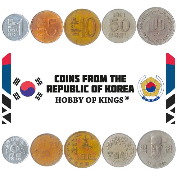 5 Coins from South Korea. Money Set: 1, 5, 10, 50, 100 Won. Old Collectible Korean Currency 1966-1982