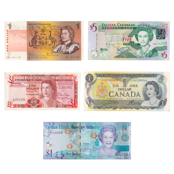 5 Banknote Set | Queen Elizabeth II | Gibraltar | Australia | East Caribbean States | Canada | Cayman Islands