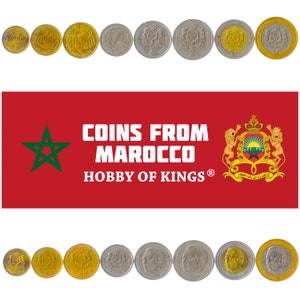 Set of 8 Coins from Morocco: 5, 10, 20 Santimat, 1/2, 1, 2, 5, 10 Dirham. Old Collectible Moroccan Money. Foreign Currency from Africa