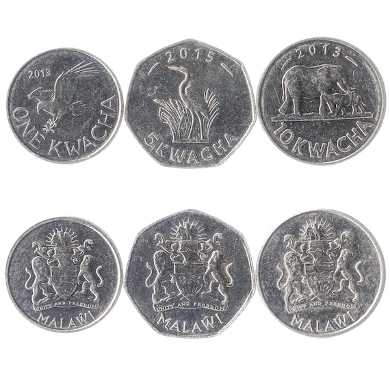 Malawian 3 Coin Set 1 5 10 Kwacha | Elephant | African Fish Eagle | Purple Heron | Malawi | 2012 - 2018