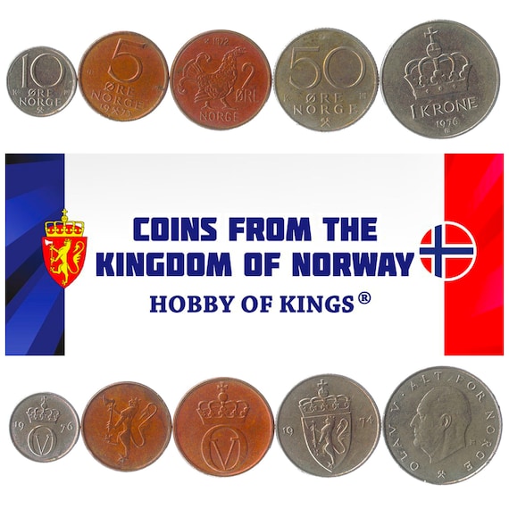 5 Different Coins from Kingdom of Norway. Old Collectible Scandinavian Money. Currency: Ore, Krone since 1958