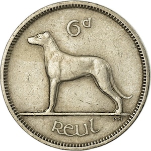 Irish Coin Ireland 6 Pingin | Celtic Harp | Irish Wolfhound | 1942 - 1969