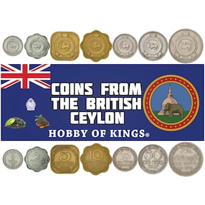Set of 7 Coins from The Ceylon Republic: 1, 2, 5, 10, 25, 50 Cents, 1 Rupee. Old Collectible Foreign Currency from Asia. 1963-1971