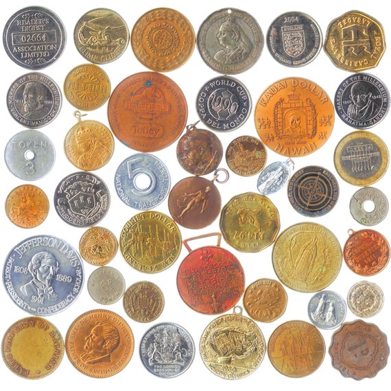 Mix of Exonumia Tokens | Medals | Souvenirs | Medallions | Elongated Coins | Chips | Badges | Jetons  | 10 | 20 |  50 | 100 pieces