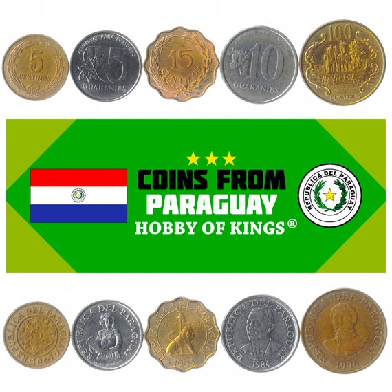 5 Different Coins from Paraguay. South American Money. Old Collectible Guarani Currency: 5 Centimos to 100 Guaranies