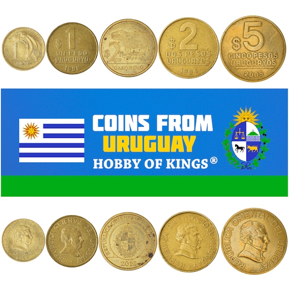 5 Uruguay Coins | Mixed Uruguayan Currency | Centesimos | Pesos |  South American Money | Capypara