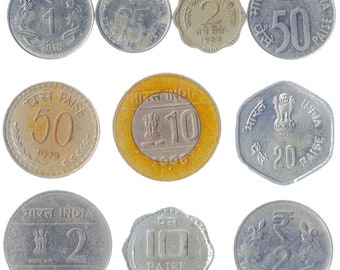 10 Different Indian Coins. Old Currency from India: Paise, Rupee. Mixed Collectible Money from South Asia since '50's