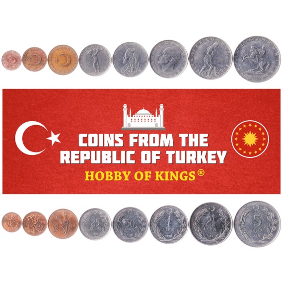 Turkish 8 Coin Set 1 5 10 25 50 Kuruş 1 2 1/2 5 Lira | Mustafa Kemal Atatürk | Crescent And Star | Turkey | 1963 - 1980