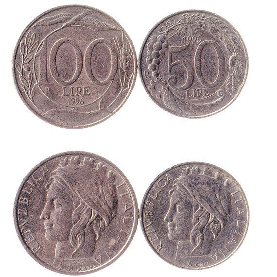 Italian 2 Coin Set 50 100 Lire | Laurel Branch | Bird | Star | Crown | Grapes | 1993 - 2001